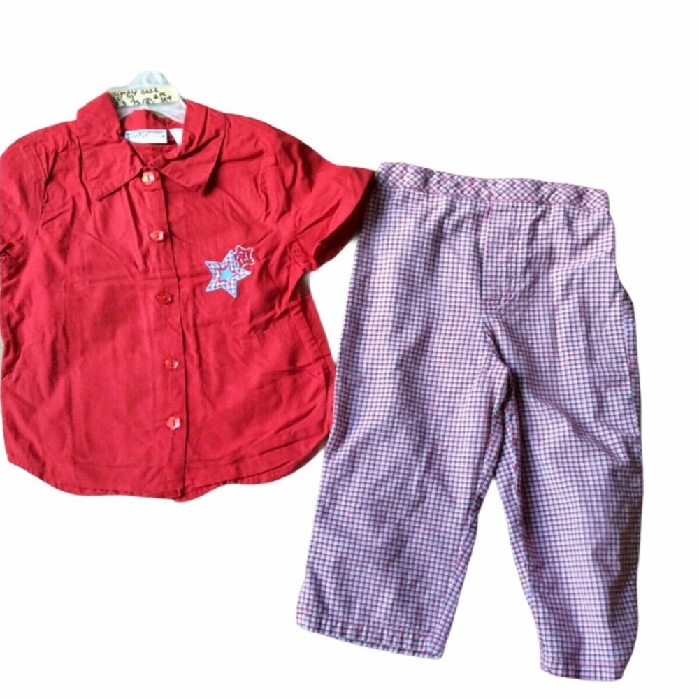 Simple Basic 7 Girls 2 Pc Red Shirt Checked Capri Pant Outfit Set